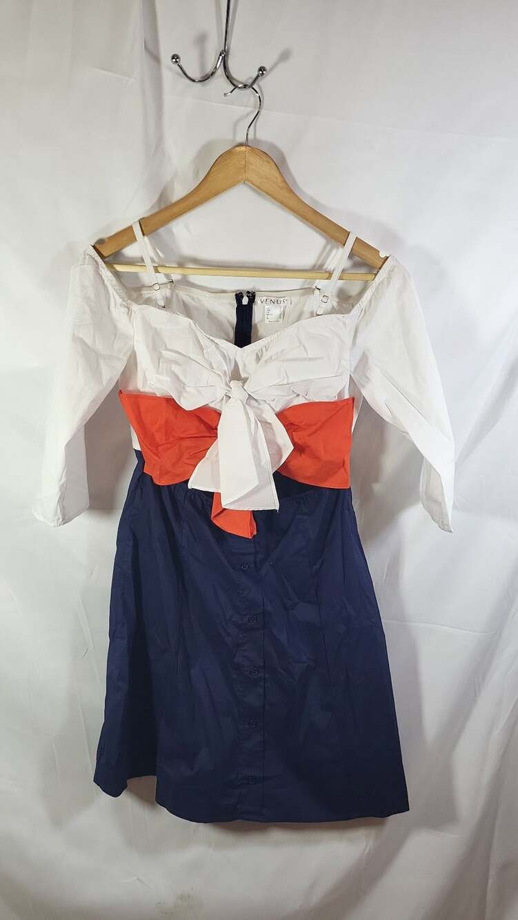 NWOT Venus Red White and Blue Colorblock Tie-Front Off-the-Shoulder Shirt Dress,